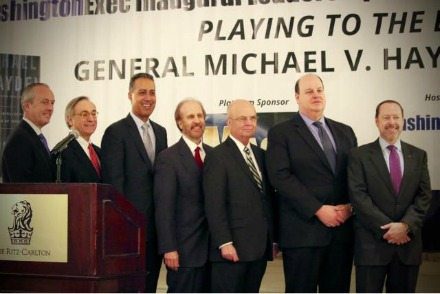 Tim Smith (OnPoint), George Jameson (Jameson Consulting), JD Kathuria (WashingtonExec), Greg Baroni (Attain), General Michael V. Hayden, Sid Fuchs (MacAulay-Brown, Inc.), Dr. John Hillen (GMU) 