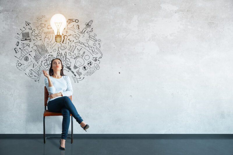 Thoughtful young woman sitting in concrete interior with creative business sketch and shadow. Leadership concept (Thoughtful young woman sitting in concrete interior with creative business sketch and shadow. Leadership concept, ASCII, 113 components,